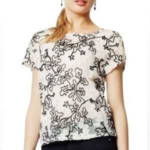 Meadow Rue Sheer Floral Applique White and Black Blouse, size 8